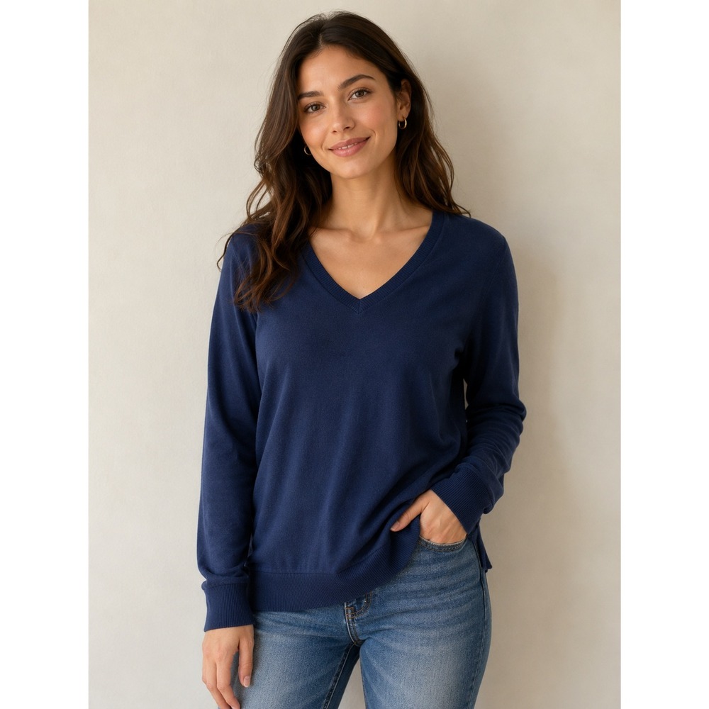 Lucky Brand Womens Navy Blue V-Neck Sweater Side Slit XL quiet luxury academia‎
